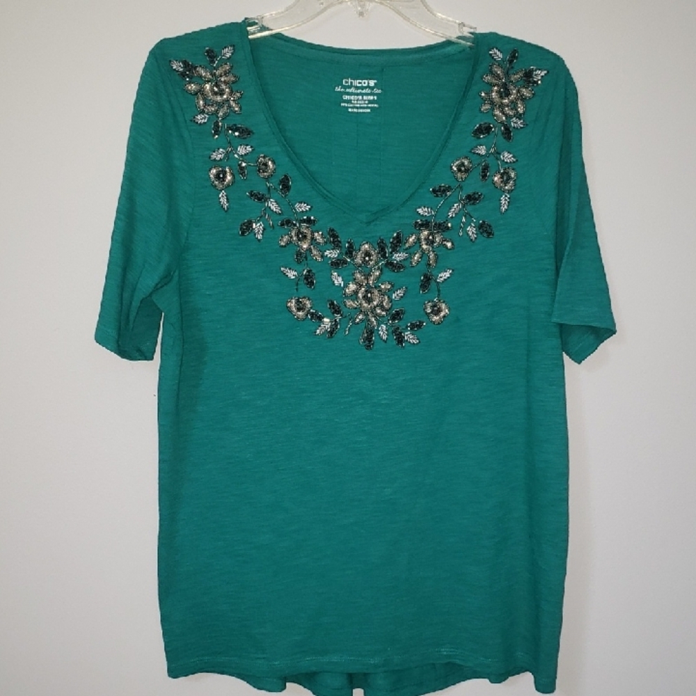 Chico's Ultimate Tee Womens M Green Bead Embellished V Neck S/S Top